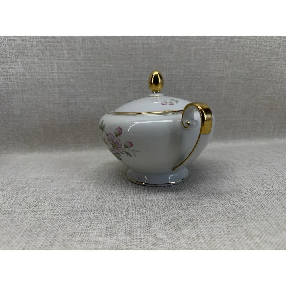 Tirschenreuth Bavaria Germany Floral Porcelain Sugar Bowl‎ w Lid Gold Trim